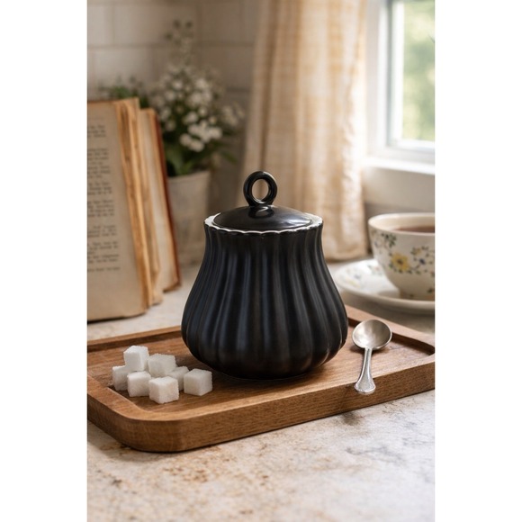 The Unbranded Brand Other - Country Cottage Ceramic Sugar Bowl Black Ribbed Farmhouse Cottagecore